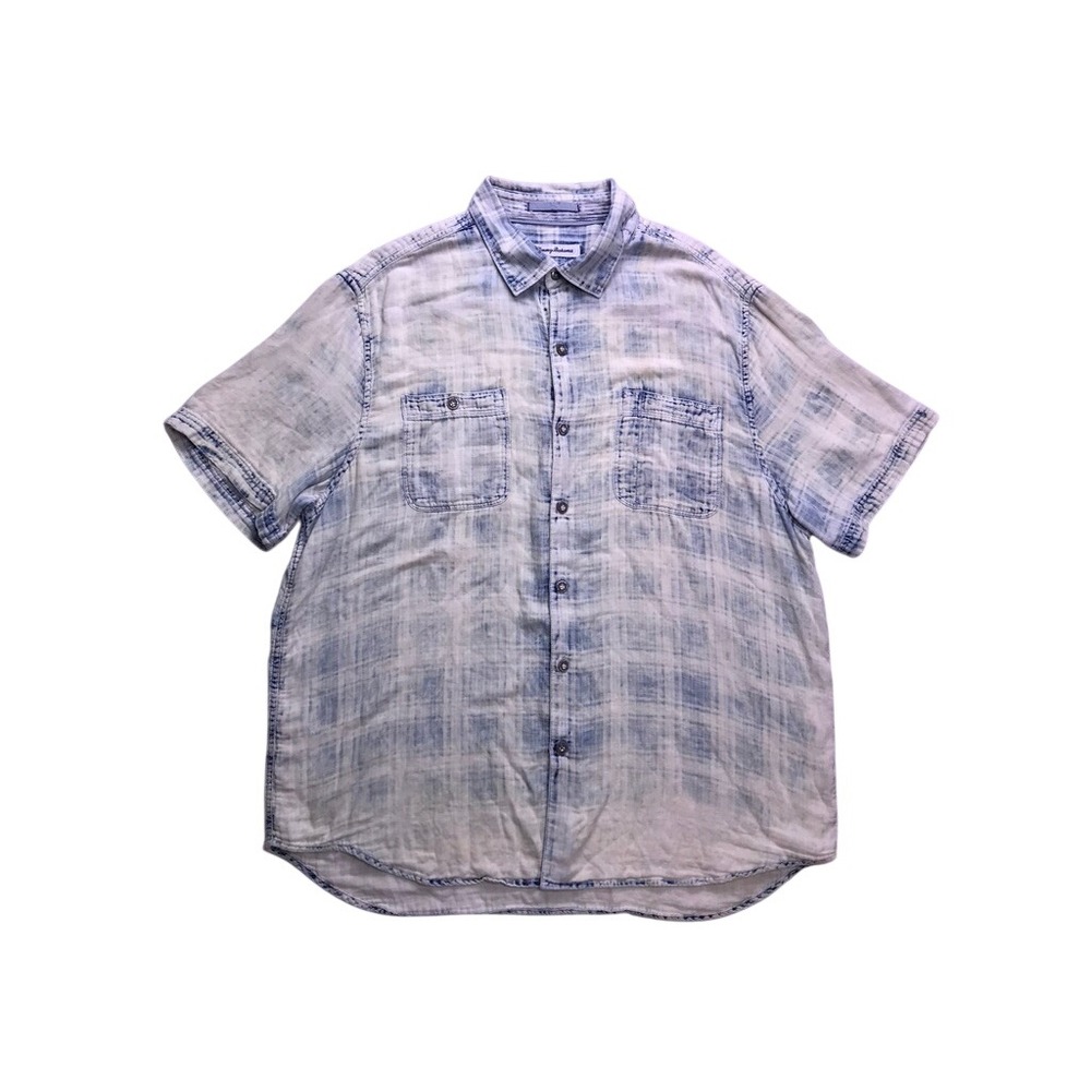 Tommy Bahama Button Down Shirt Mens Large Blue Plaid Acid Wash Linen Blend Shirt